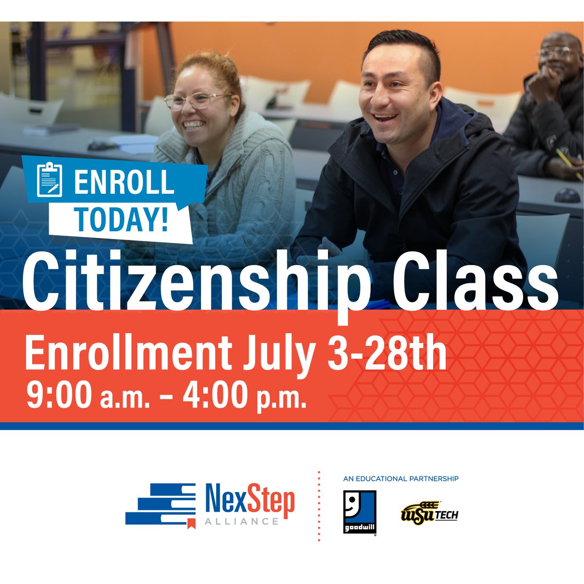 Citizenship Enrollment is 7/3 -7/28 from 9:00 a.m. - 4:00 p.m. Classes are Mondays and Wednesdays from 9:00 a.m. to Noon. Call to learn more 316-677-1150!

🔴 Learn about the naturalization process
🔴 Study for the citizenship civics test
🔴 Practice for the citizenship interview