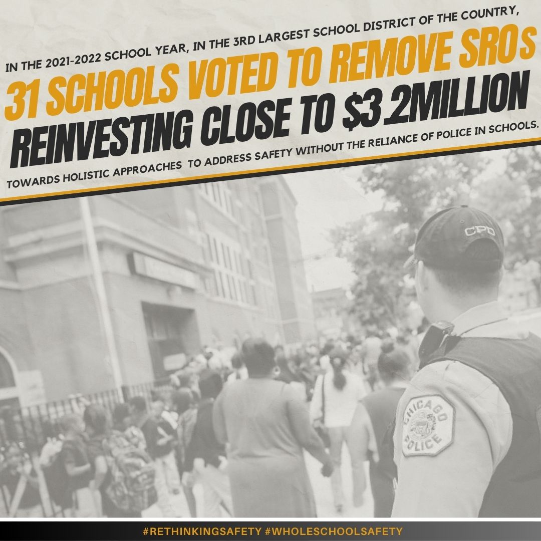 VOYCEProject's tweet photo. Back in 2021, in the 3rd largest school district in the country, 31 schools across the district voted to remove SROs and reinvested close to $3.2 million dollars as a direct result of students, parents, and community efforts (More below). 👇 
 #WholeSchoolSafety #RethinkingSafety https://t.co/t0P9DrpVWx