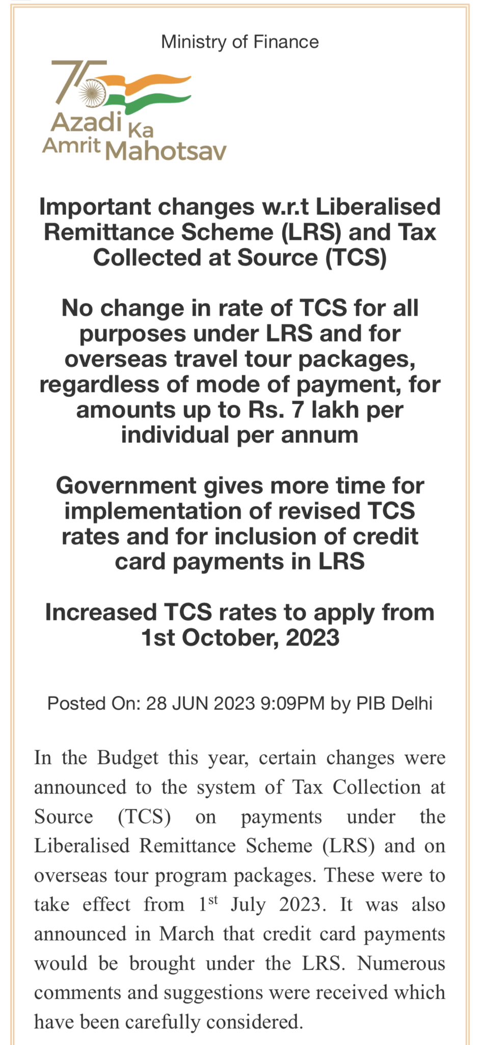 Important Changes Regarding Liberalised Remittance Scheme (LRS) and Tax Collected at Source (TCS)