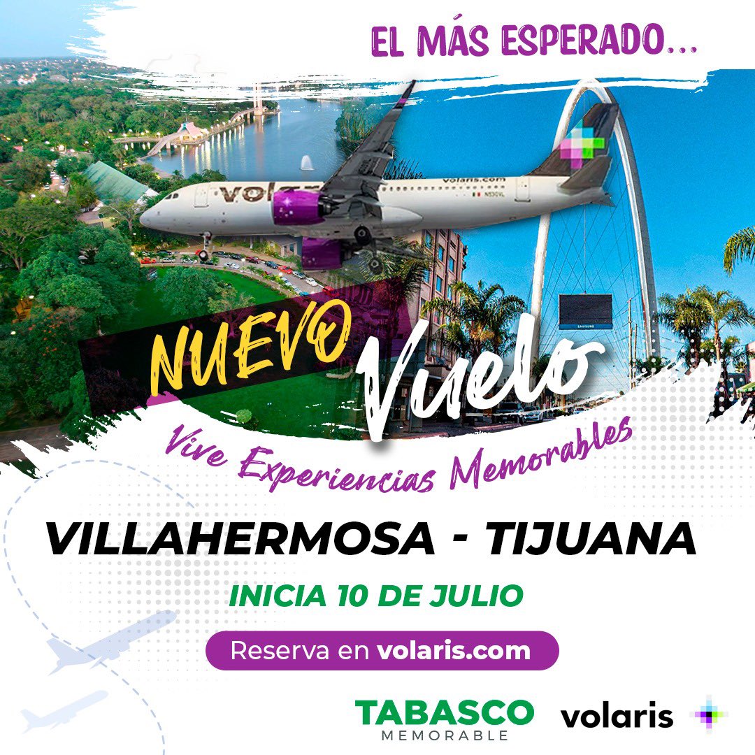 Tijuana más cerca de Villahermosa 🙂

¡A partir del 10 de julio será posible con esta nueva ruta sin escalas! 

#Tabasco el destino perfecto para vivir #ExperienciasMemorables, conectando con las principales ciudades de #México 🤩

#TabascoMemorable
#VisiteTabasco