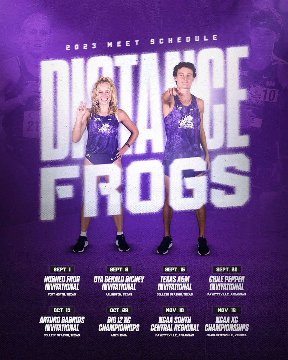 TCUTrackField's tweet photo. ๐๐๐ซ๐ค ๐ฒ๐จ๐ฎ๐ซ ๐๐๐ฅ๐๐ง๐๐๐ซ๐ฌ ๐ธ
The 2023 cross country schedule is out!
โก๏ธ - https://t.co/VXsvsUeK70
#GoFrogs https://t.co/8IV5vp28aJ