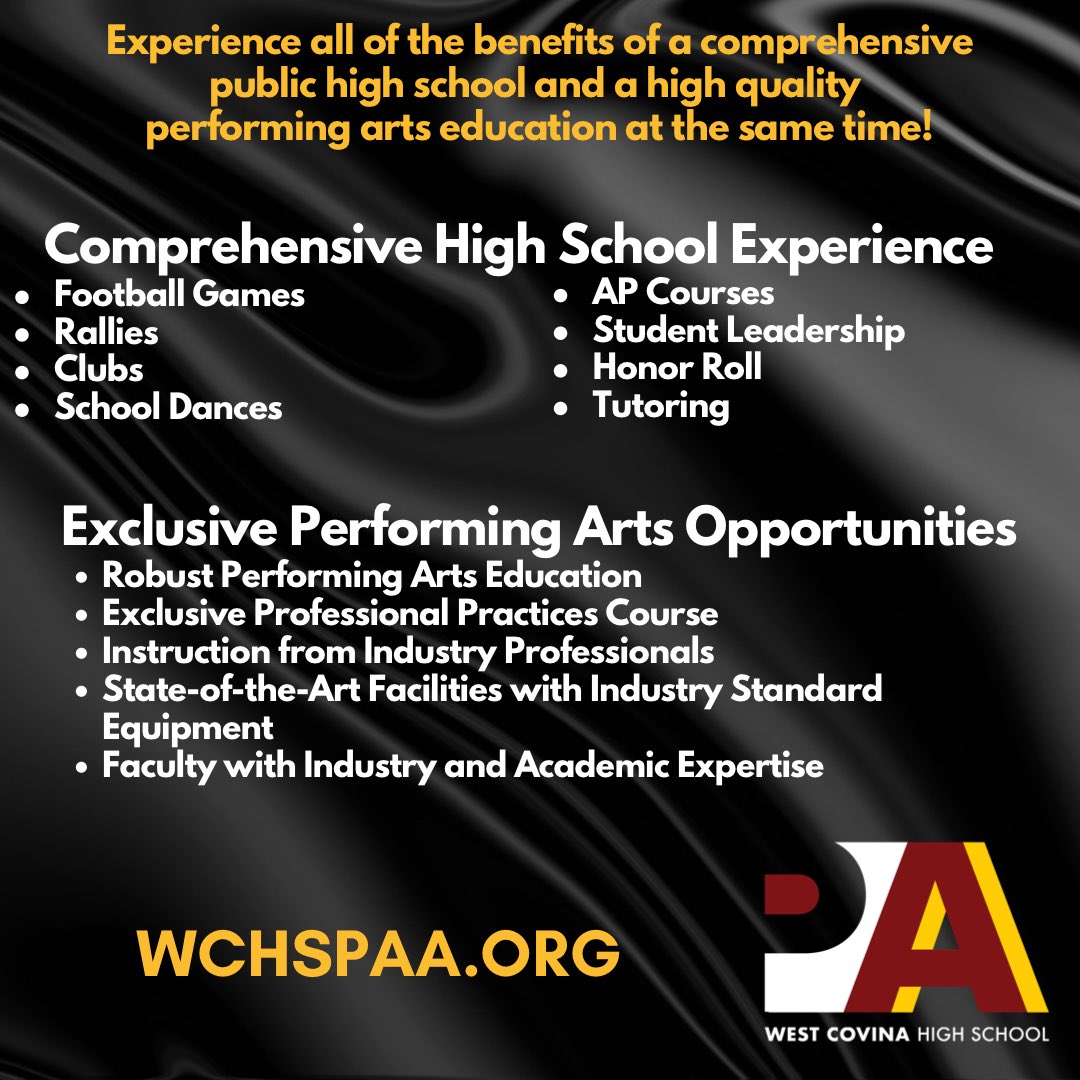 WestCovinaUSD's tweet photo. Experience all of the benefits of a comprehensive public high school and a high quality performing arts education at the same time! Now accepting applications for incoming 9th and 10th grade students. Apply now for the 2023-24 school year! https://t.co/GdW2czfVZN https://t.co/IUkK1ZblOc