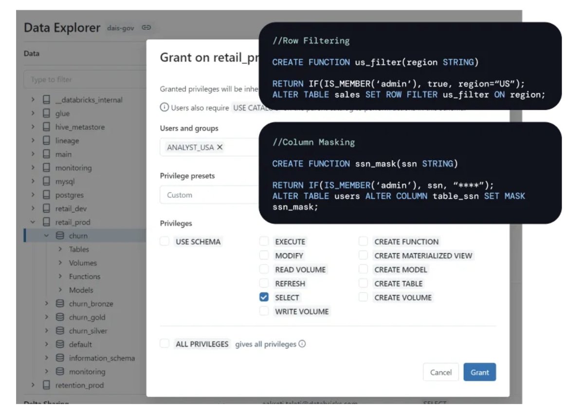 YoussefMrini's tweet image. To enhance data security effectively at the granular level UC provides row filtering and column masking. Users can use  SQL functions to define row filters and column masks, enabling fine-grained access controls at the level of individual rows and columns.
#DataAndAISummit