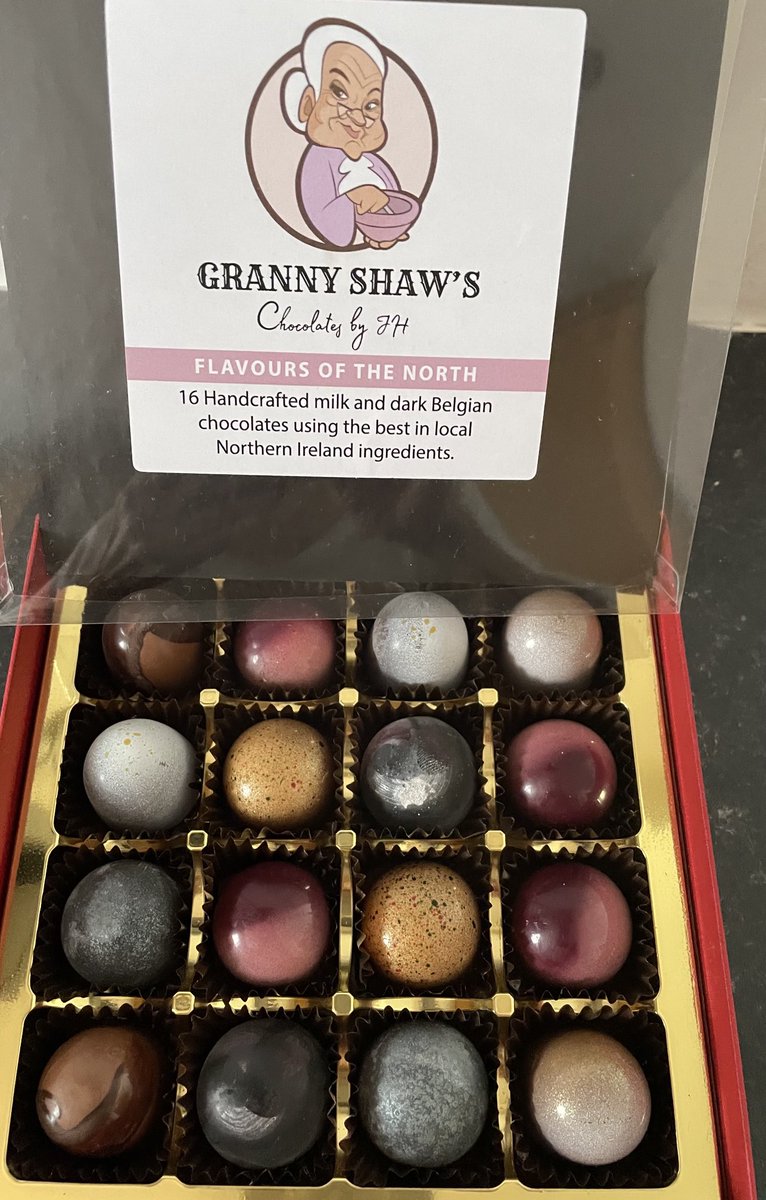 Thanks Glen Houston of ⁦@GrannyShaws⁩ for gift of Belgian chocolates with local ingredients ⁦@BurrenBalsamics⁩ ⁦@hinchdistillery⁩ ⁦@Twostackswhisky⁩ ⁦@IrishBlkButter⁩ ⁦@NIseasalt⁩ ⁦@DukeSchomberg⁩ ⁦@BoatyardDistill⁩