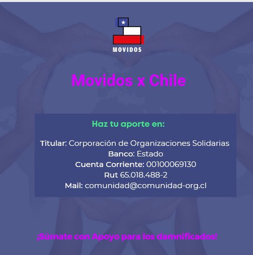 Hay miles de familias afectadas y viviendas con daños muy graves. Aquí te dejamos algunas alternativas para canalizar tu ayuda 🫶:

1. <a href="/Techo/">TECHO</a>: cl.techo.org/emergencia/ 
2. <a href="/DesafioChile/">Desafío Levantemos Chile</a>: bit.ly/46okF7e 
3. <a href="/MovidosxChile/">Movidos x Chile</a>: movidosxchile.cl
