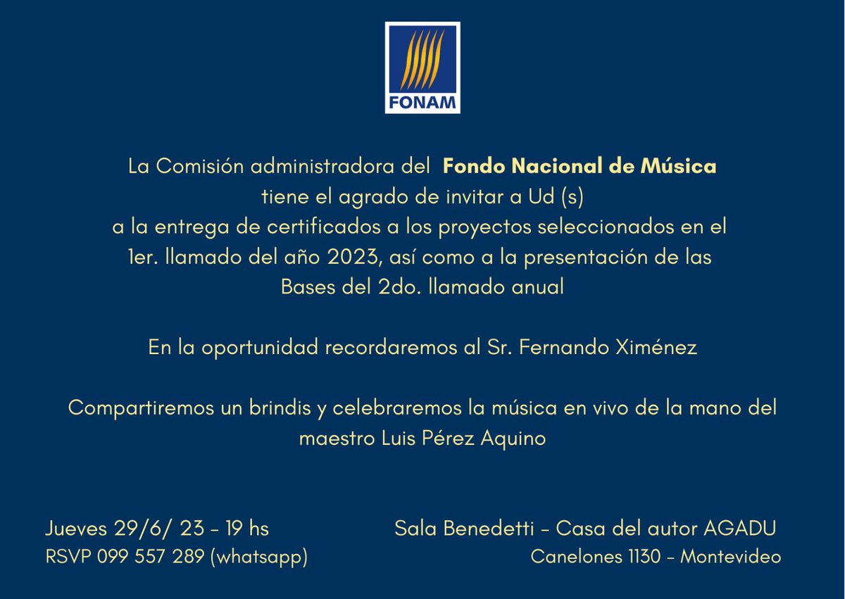 AGADU_UY's tweet photo. #FONAM invita a la entrega de certificados a los proyectos seleccionados en el 1er. llamado del año 2023
🗓️Jueves 29 de junio - 19 H
📍Canelones 1130 - Sala Benedetti, Casa del Autor de @AGADU_UY
Confirmación 📱 099557289 https://t.co/2FJZ5N3pFK