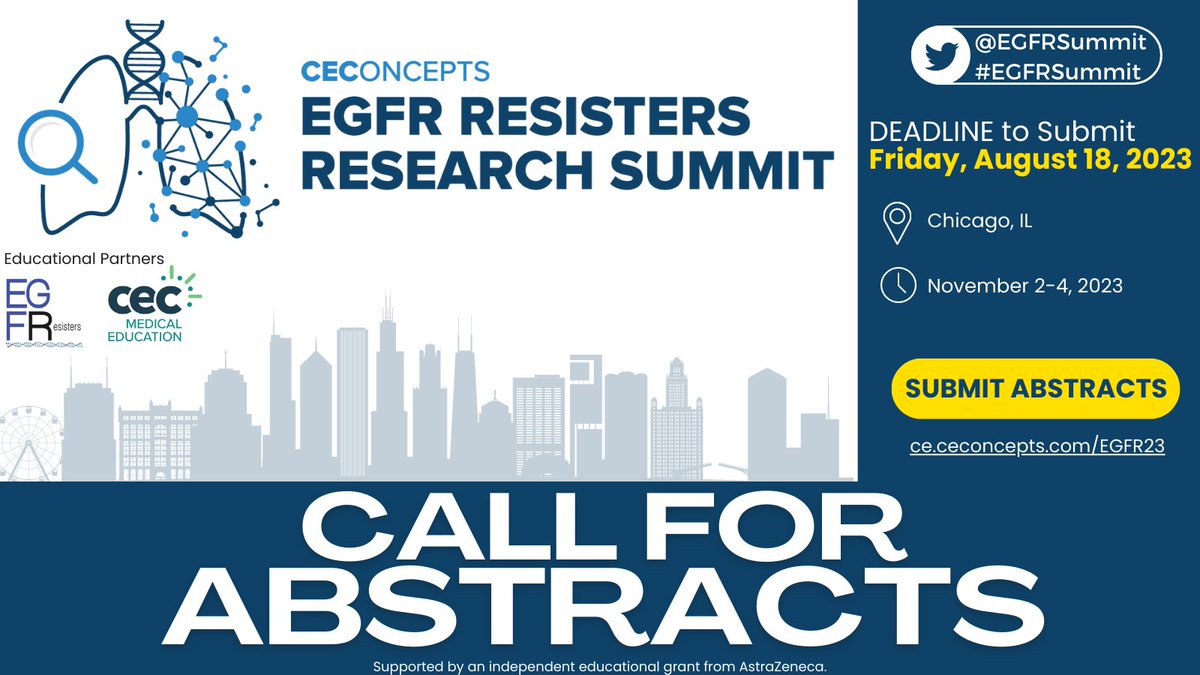 🎉 Ready to boost your #LungCancer #Research skills and 🚀 your career? Join us for the #EGFRSummit in collab. w/@egfrresisters & @CEC_onc. ⏰Submit your abstracts by Aug 18➡️ce.ceconcepts.com/EGFR23. @jillfeldman4 @ivybelkins @ZPiotrowskaMD #LCSM #EGFR