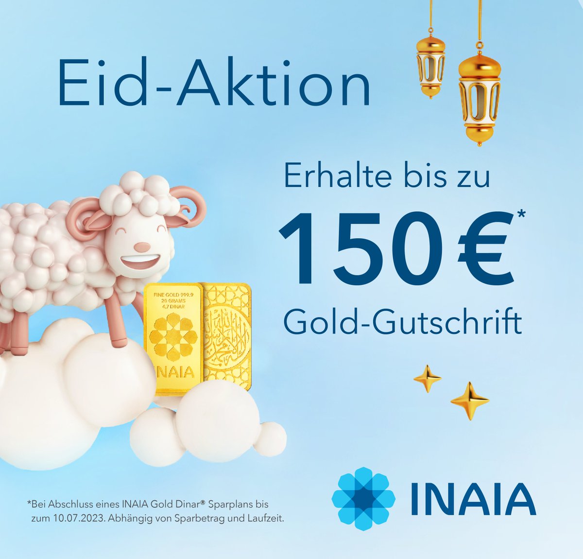 INAIA_Finance's tweet photo. Pünktlich zum Opferfest starten wir eine exklusive Aktion für Neukunden.

Wenn du zwischen dem 28. Juni und 10. Juli. 2023 einen neuen INAIA Gold Dinar® Sparplan eröffnest, erhältst du eine Gold-Gutschrift im Wert von bis zu 150 Euro*. https://t.co/9YElASF2mx