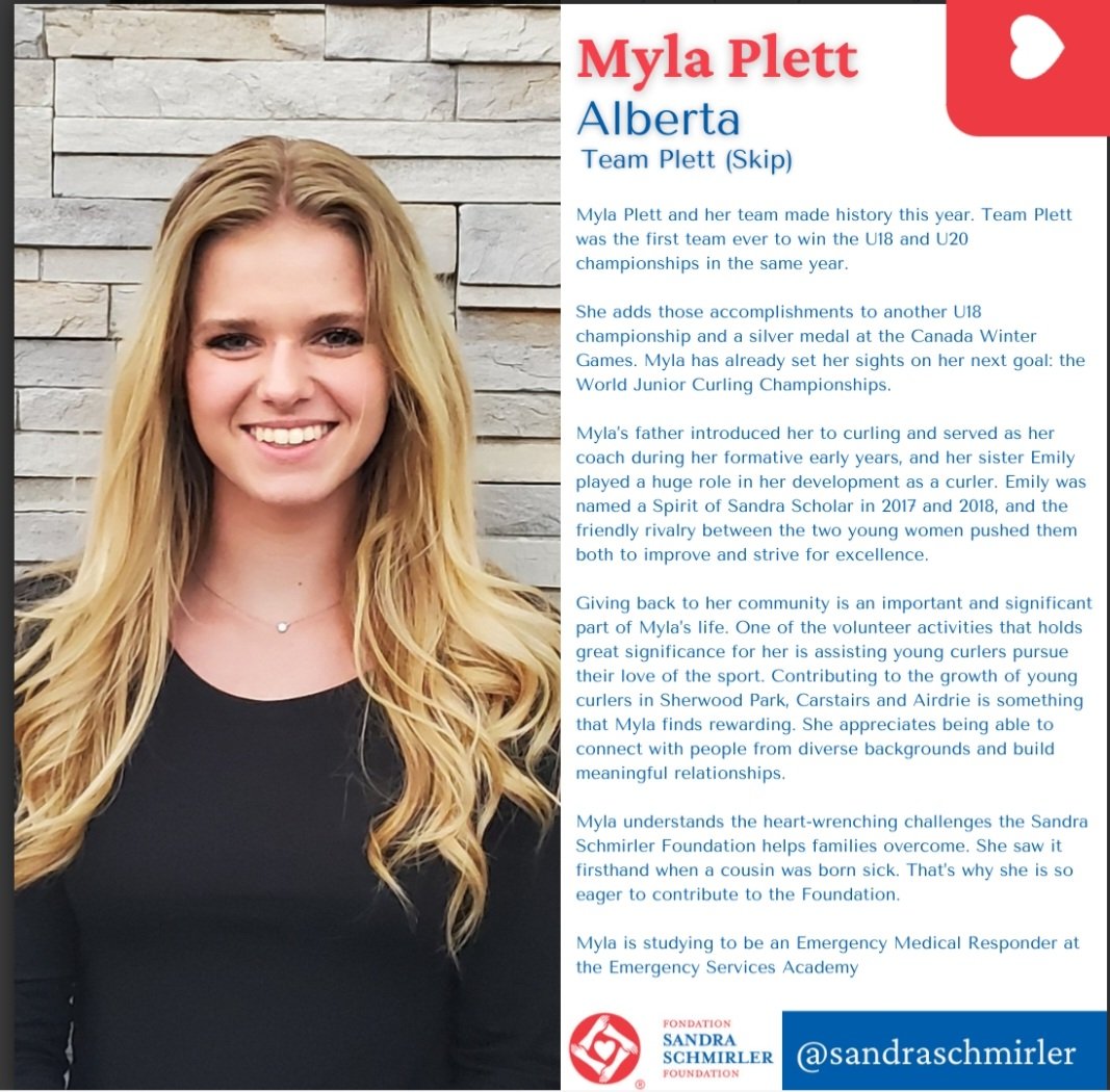We are excited for our skip, Myla, who was one of the 6 recipients chosen Canada-wide to become a Spirit of Sandra Scholar!  She is so excited to work with this incredible foundation and its members alongside her amazing mentors @overtonclapham
and @lweagle19! 

Way to go Myla!