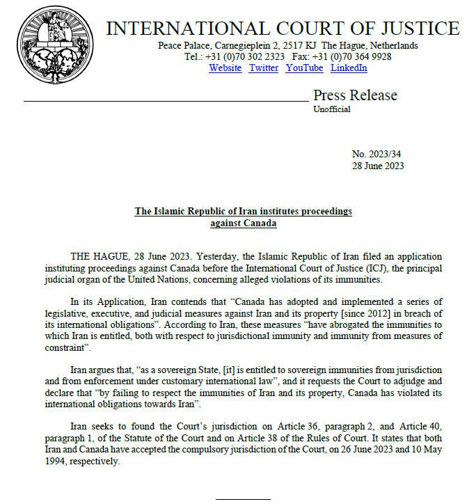 CIJ_ICJ's tweet photo. PRESS RELEASE: #Iran institutes proceedings against #Canada before the #ICJ concerning alleged violations of its immunities https://t.co/xXpNVuGLvO https://t.co/FekyVk1zWY
