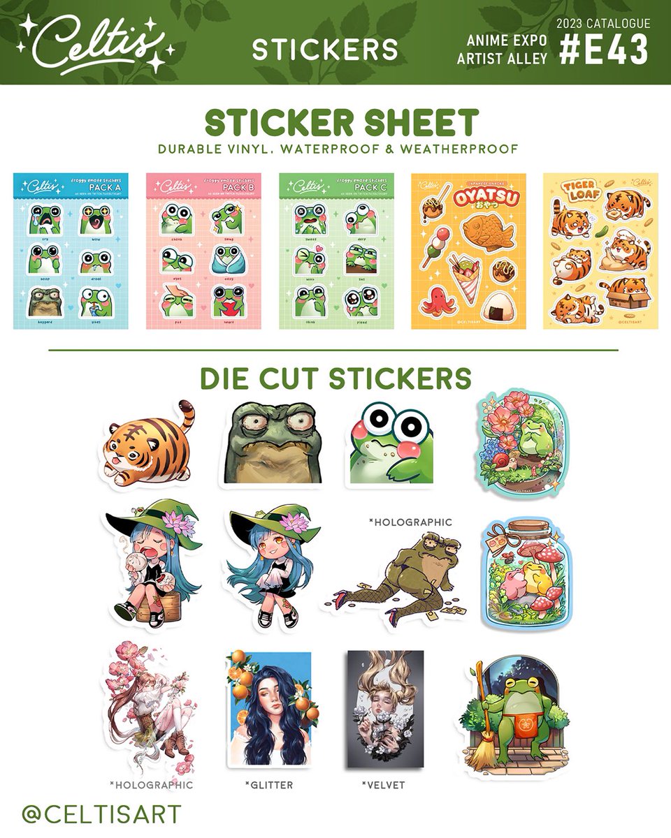 celtisart's tweet photo. Here’s my Anime Expo catalogue! I’ll be at AX this weekend at Table E43 in AA!!🌿✨

I have new prints, stickers, pins, AND the desk mat! Can’t wait to see you there. Safe travels, everyone! 

#AX2023 #AXArtistAlley2023 #AX2023ArtistAlley https://t.co/cM6ltsuDaY