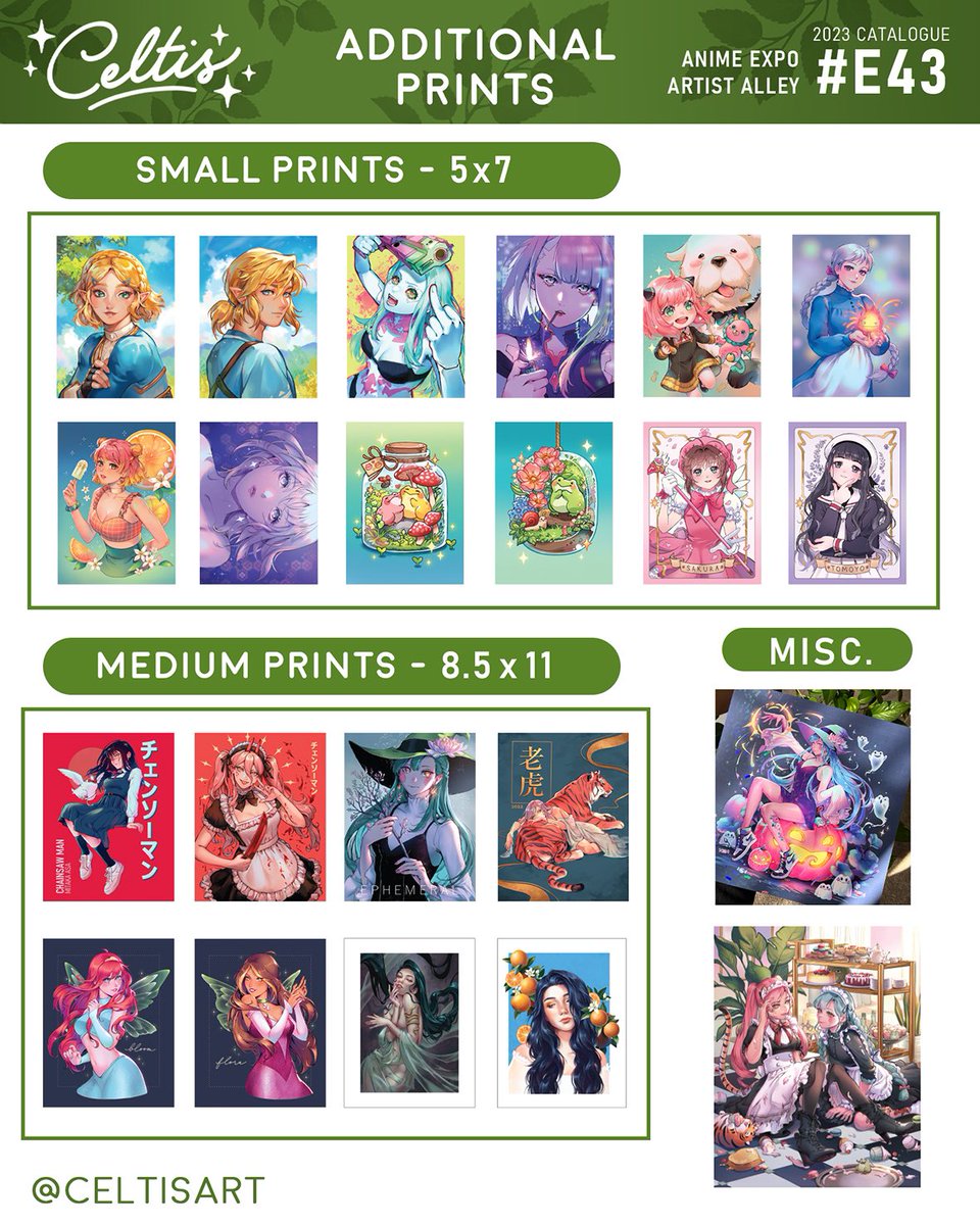celtisart's tweet photo. Here’s my Anime Expo catalogue! I’ll be at AX this weekend at Table E43 in AA!!🌿✨

I have new prints, stickers, pins, AND the desk mat! Can’t wait to see you there. Safe travels, everyone! 

#AX2023 #AXArtistAlley2023 #AX2023ArtistAlley https://t.co/cM6ltsuDaY