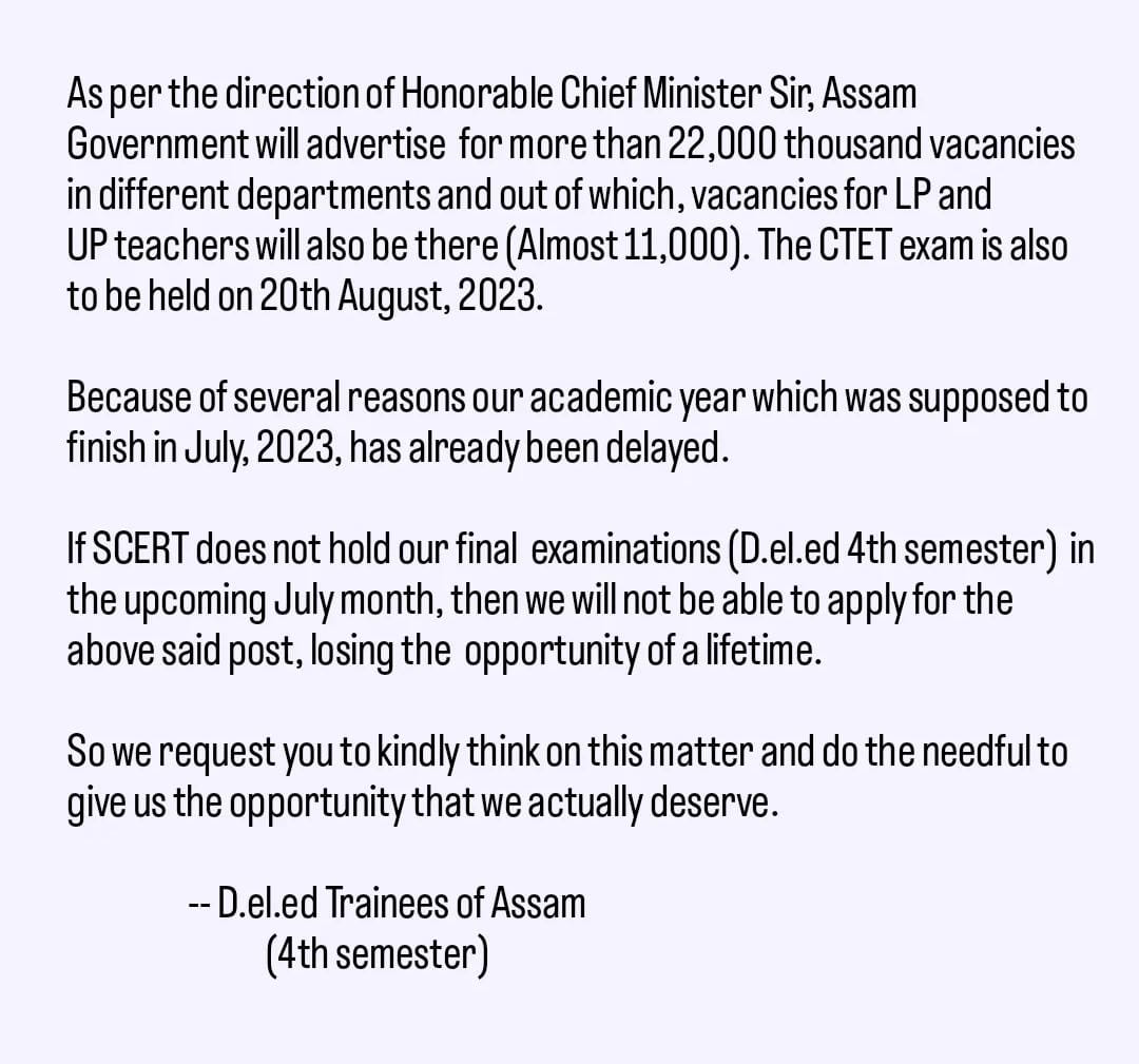 ApurbaB84546582's tweet photo. Conduct our exams(SCERT, D.el.ed 4th Semester, Final Examination) in July, otherwise we'll lose a lifetime opportunity or opportunity to apply for upcoming recruitment.@himantabiswa,  @ugc_india,@ranojpeguassam @ncteDelhi,@narendramodi #NiradaDevi
#DEled_Exam_in_july https://t.co/EJL1Veh1Fx