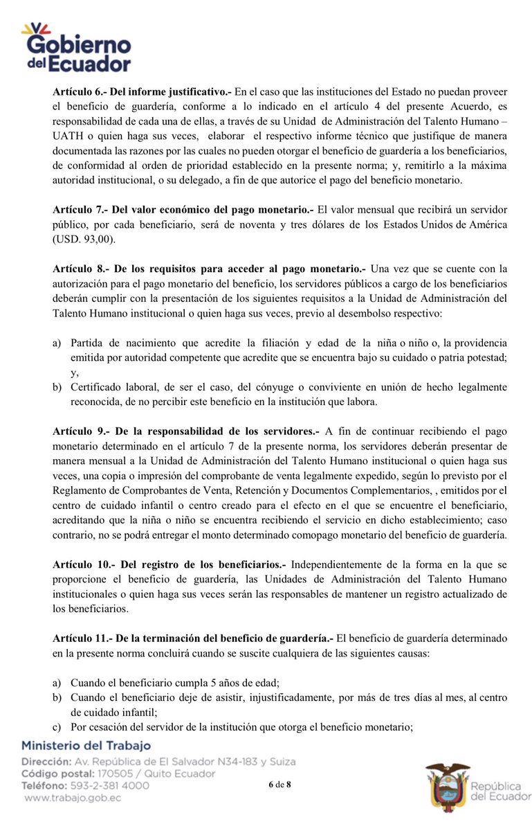 ¿Eres servidor público en #Ecuador y tienes hijos menores de 5 años? Hace seis días se firmó un acuerdo sobre el servicio de guardería. Si en tu institución no cuentan con una, te deben pagar 93 dólares 💵 por cada hijo para costear su cuidado. 👀