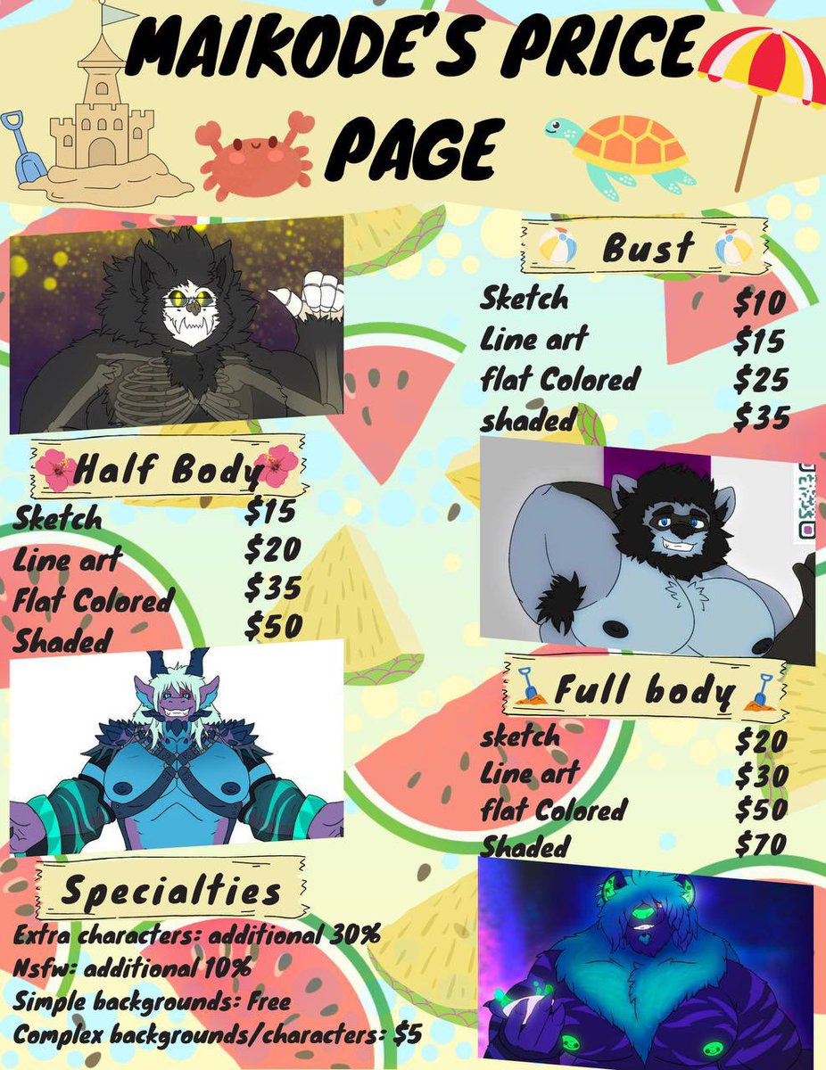 Thanks to Bubby69, I have a new commission price page :3 Prices shown can be negotiable to an extent. Feel free to DM me here, or message me on Telegram @Maikode_z if you’re interested in a commission or if you have questions! RT to spread the news~