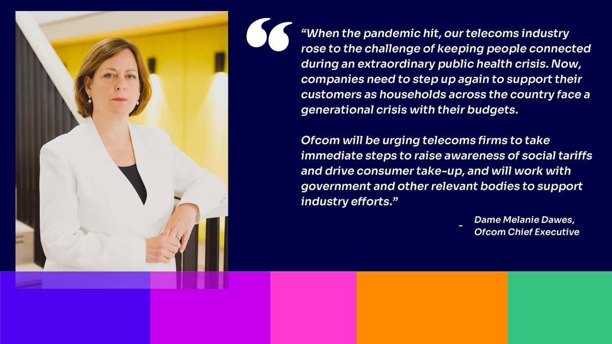 Ofcom's tweet photo. Our statement following today’s meeting with the Chancellor on the cost-of-living crisis.

We’re urging telecoms firms to take immediate action to raise awareness and take-up of social tariffs – which can save eligible households around £200 a year.

More: https://t.co/U9ZURPQPNc https://t.co/aoTcRvwfE3