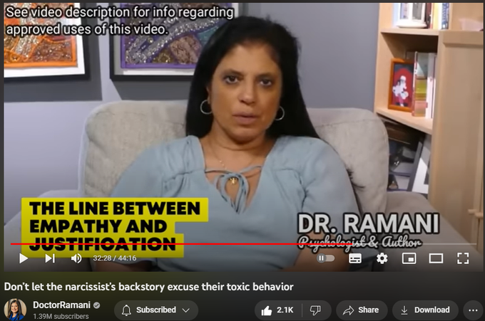 33,200 views  21 Jun 2023
SIGN UP FOR MY HEALING PROGRAM: https://doctor-ramani.teachable.com/p...

LISTEN TO MY NEW PODCAST "NAVIGATING NARCISSISM"
Apple Podcasts: https://podcasts.apple.com/us/podcast...
Spotify: https://open.spotify.com/show/2fUMDuT...
Stitcher: https://www.stitcher.com/podcast/how-...
iHeart Radio: https://www.iheart.com/podcast/1119-n...

DISCLAIMER: THIS INFORMATION IS FOR EDUCATIONAL PURPOSES ONLY AND IS NOT INTENDED TO BE A SUBSTITUTE FOR CLINICAL CARE. PLEASE CONSULT A HEALTH CARE PROVIDER FOR GUIDANCE SPECIFIC TO YOUR CASE. THIS VIDEO DISCUSSES NARCISSISM IN GENERAL. 

THE VIDEO DOES NOT REFER TO ANY SPECIFIC PERSON, AND SHOULD NOT BE USED TO REFER TO ANY SPECIFIC PERSON, AS HAVING NARCISSISM. PERMISSION IS NOT GRANTED TO LINK TO OR REPOST THIS VIDEO, ESPECIALLY TO SUPPORT AN ALLEGATION THAT THE MAKERS OF THIS VIDEO BELIEVE, OR SUPPORT A CLAIM, THAT A SPECIFIC PERSON IS A NARCISSIST. THAT WOULD BE AN UNAUTHORIZED MISUSE OF THE VIDEO AND THE INFORMATION FEATUR