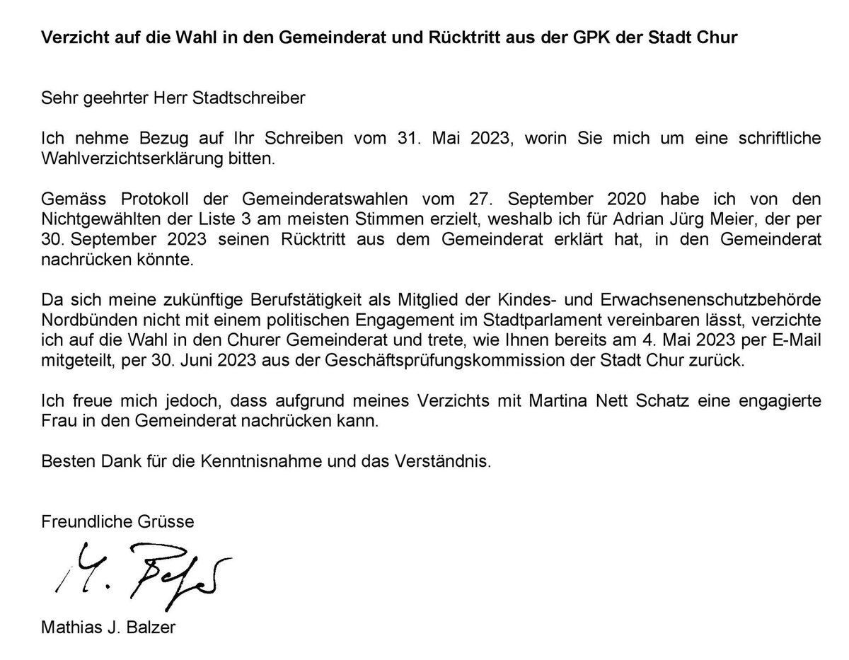 MathiasBalzer's tweet photo. Liebe Stimmberechtigte von Chur, Haldenstein und Maladers, aufgrund meiner zukünftigen Berufstätigkeit als Mitglied der KESB Nordbünden trete ich per 30.06.23 aus der GPK zurück und verzichte auf den per 30.09.23 freiwerdenden Sitz von #AdrianJMeier im Gemeinderat der Stadt Chur. https://t.co/W0HpuEzf4B