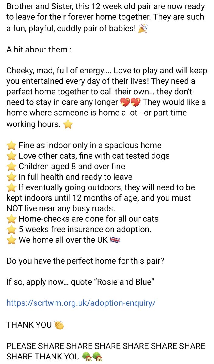 🏡 HOME NEEDED FOR ROSIE &amp; BLUE 💖💙 

Please see pics for full details 🥰

Do you have the perfect home for this pair?

If so, apply now… quote “Rosie and Blue”

scrtwm.org.uk/adoption-enqui…

THANK YOU 👏

PLEASE SHARE SHARE SHARE SHARE SHARE SHARE SHARE THANK YOU 🏡🏡