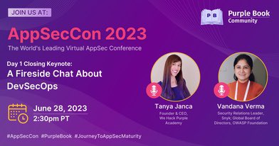 Join @shehackspurple from @wehackpurple and myself @snyksec at the #AppSecCon 2023 virtual conference for a Fireside Chat about DevSecOps! 🔥

Register for FREE to this fantastic event: ow.ly/ng3y50OJiRg

CC: @CommunityPurple 

#purplebook #JourneyToAppSecMaturity