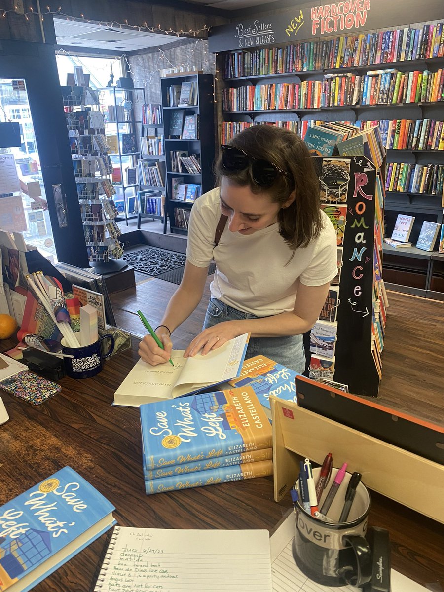 BurtonsBooks's tweet photo. We love when authors come to sign their books! Yesterday, Elizabeth Castellano stopped by the store to sign some copies of her new release, “Save What’s Left.” 
Elizabeth will be signing more books on Sunday from 2-4pm. Come and say hello! #bookstore #booksigning #BookTwitter https://t.co/2vVlW8X4sq