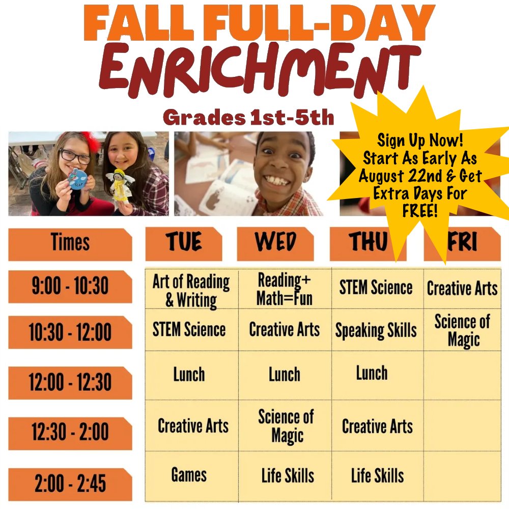 My_Learn_Studio's tweet image. FALL FULL-DAY ENRICHMENT 
#MyLearningStudio Enrichment Classes are always small groups to ensure engagement.
Contact us at 951-789-5402 before registering to ensure availability. 

MyLearningStudio.com/home-charter-s…

#RiversideTutors #homeschool #RiversideCharterSchools #enrichmentcourses