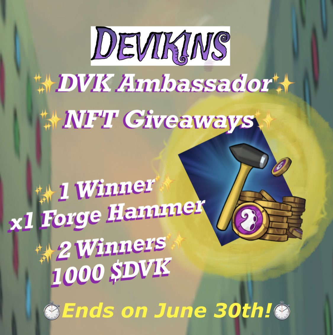 🎉#DVKAmbassador #NFTGiveaways 🎉

Get a chance to #win x1 Forge Hammer 🔨 &amp; 1,000 $DVK! 😈🪙

➡️ Follow <a href="/devikins_game/">Devikins</a>, <a href="/snsjr/">정창민</a>, <a href="/moonlabsstudios/">Moonlabs Studios</a> 
➡️ Comment this below⬇️ 
 “Happy 2nd #Anniversary <a href="/devikins_game/">Devikins</a>! Best #NFTGame ever!” 🎮
➡️Tag friends
➡️ RT 

Good luck 🍀