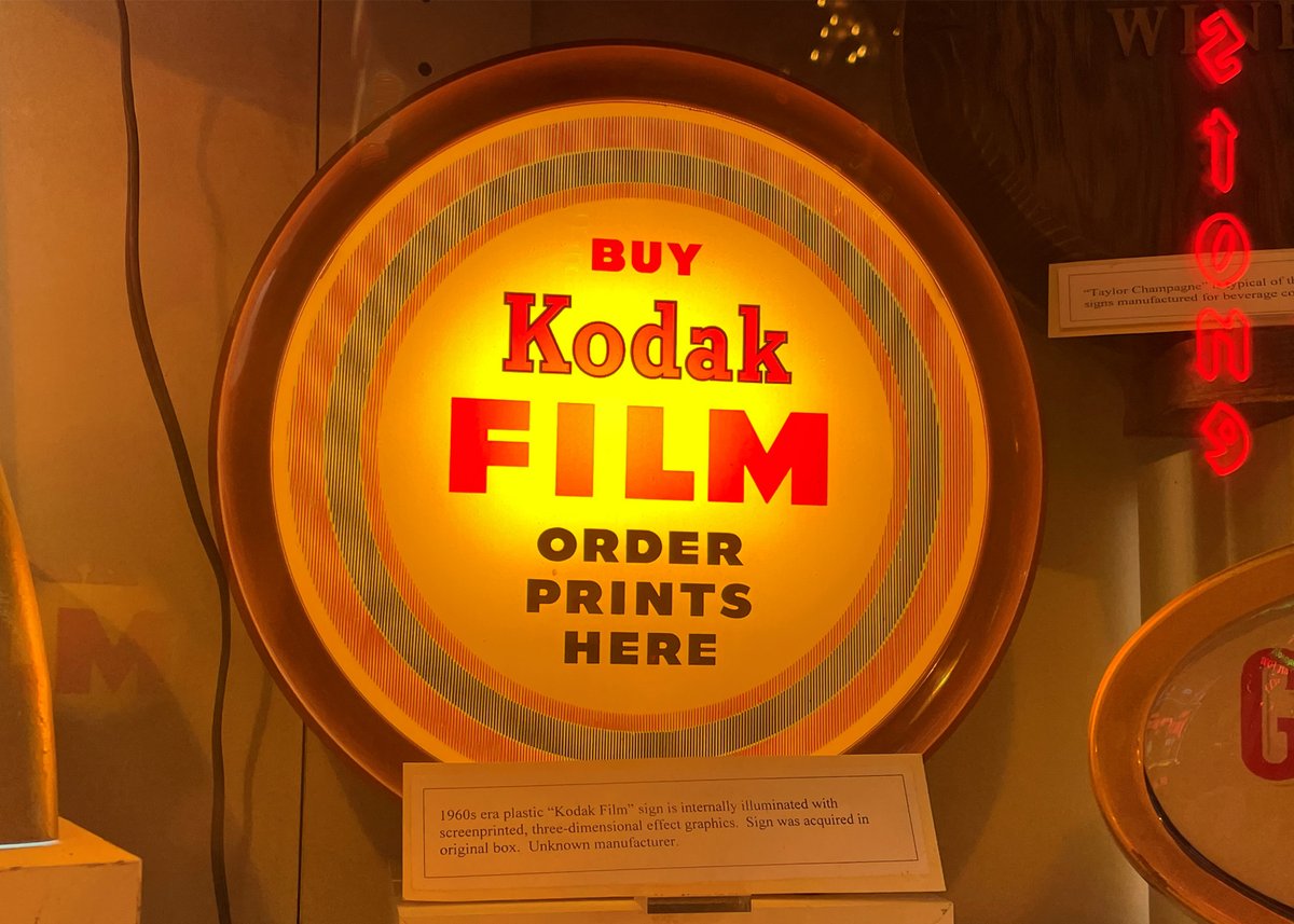 The Museum is full of “Kodak moments” through the many photo ops and this 1960s countertop sign. The face is a screen-printed plastic inside of the metal can. Although the manufacturer is unknown, the sign came with all of its original hardware and box when acquired in 2001.