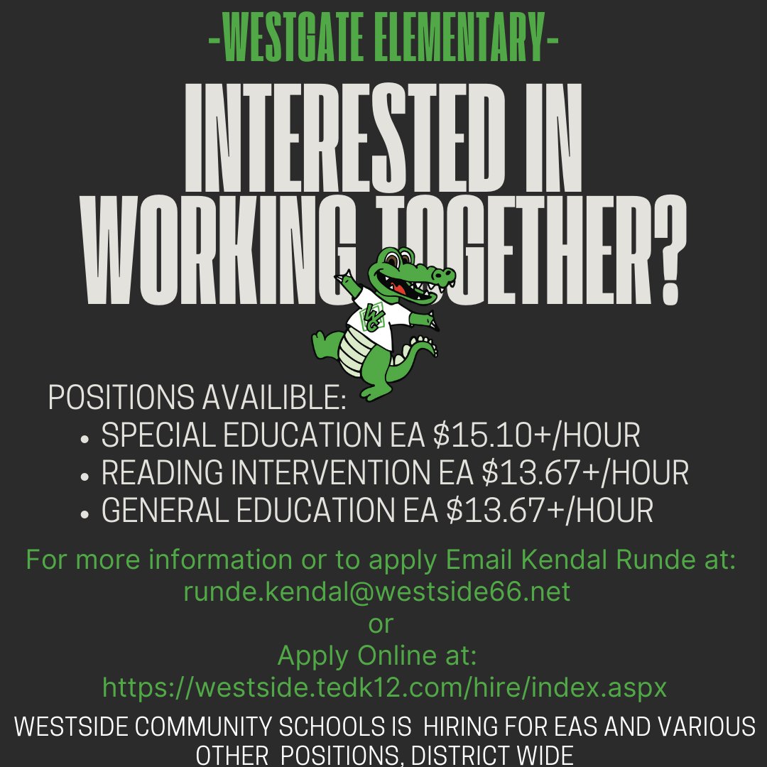 Westgate is an incredible place with amazing students and a staff that feels like family!

If you know a dependable someone who might be interested, please send them our way! 
- Flexible Hours 
- Competitive Pay
- Fun working environment where YOU will make a difference!