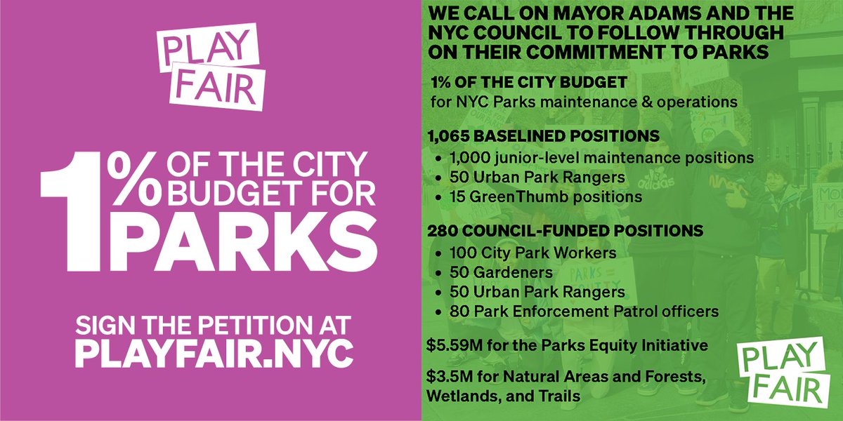 Budget negotiations are down to the wire, and <a href="/NYCParks/">NYC Parks</a> faces significant cuts. 

We call on <a href="/NYCMayor/">Mayor Zohran Kwame Mamdani</a> &amp; <a href="/NYCCouncil/">New York City Council</a> to reverse 40+ years of disinvestment and allocate #1Percent4Parks 

Sign the petition at playfair.nyc