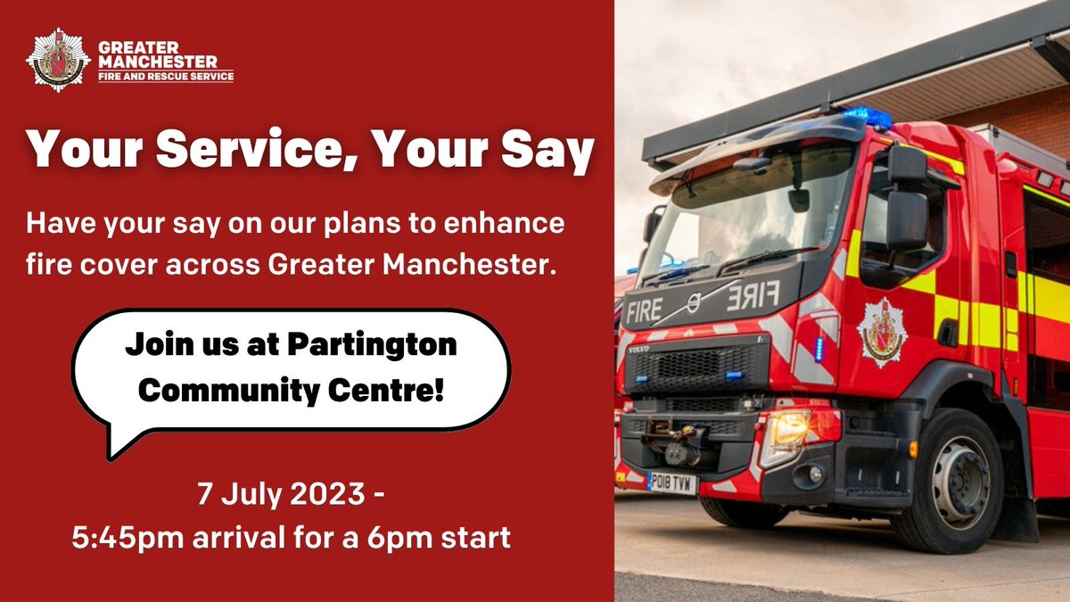 📅🔥 Mark your calendars Trafford! We're hosting another community feedback session at Partington Community Centre on 7 July 2023. Arrival from 5:45pm for a 6pm start. 

Let's talk Fire Cover Review &amp; Special Appliances Review. Your voice matters!