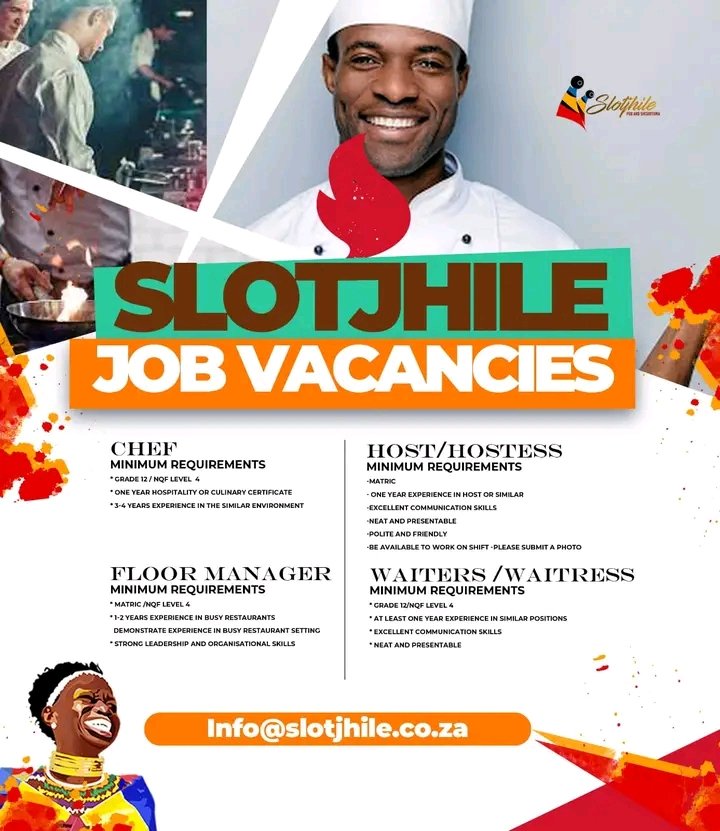 JOB VACANCIES🔌
👨‍🍳👩‍🍳👩‍💼👨‍💼 

Chef
Host/hostess 
Floor manager 
Waiter/waitress 

Info@slotjhile.co.za

Enjoy the Best African Vibe & Culture.

🍖🍗🍲🥗🍛
 #slotjhile #africanfood  #VibeandCulture #TembisaLakeview #wearehiring #vacancy