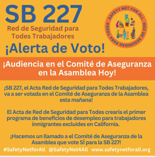 ¡Californianes no pueden esperar más! ¡Ocupamos la Red de Seguridad para Todes y crear el programa de desempleo para trabajadores indocumentades excluides! Llamamos al Comité de Aseguranza de la Asamblea que apruebe la #SB227! #SafetyNetforAll @SafetyNet4All