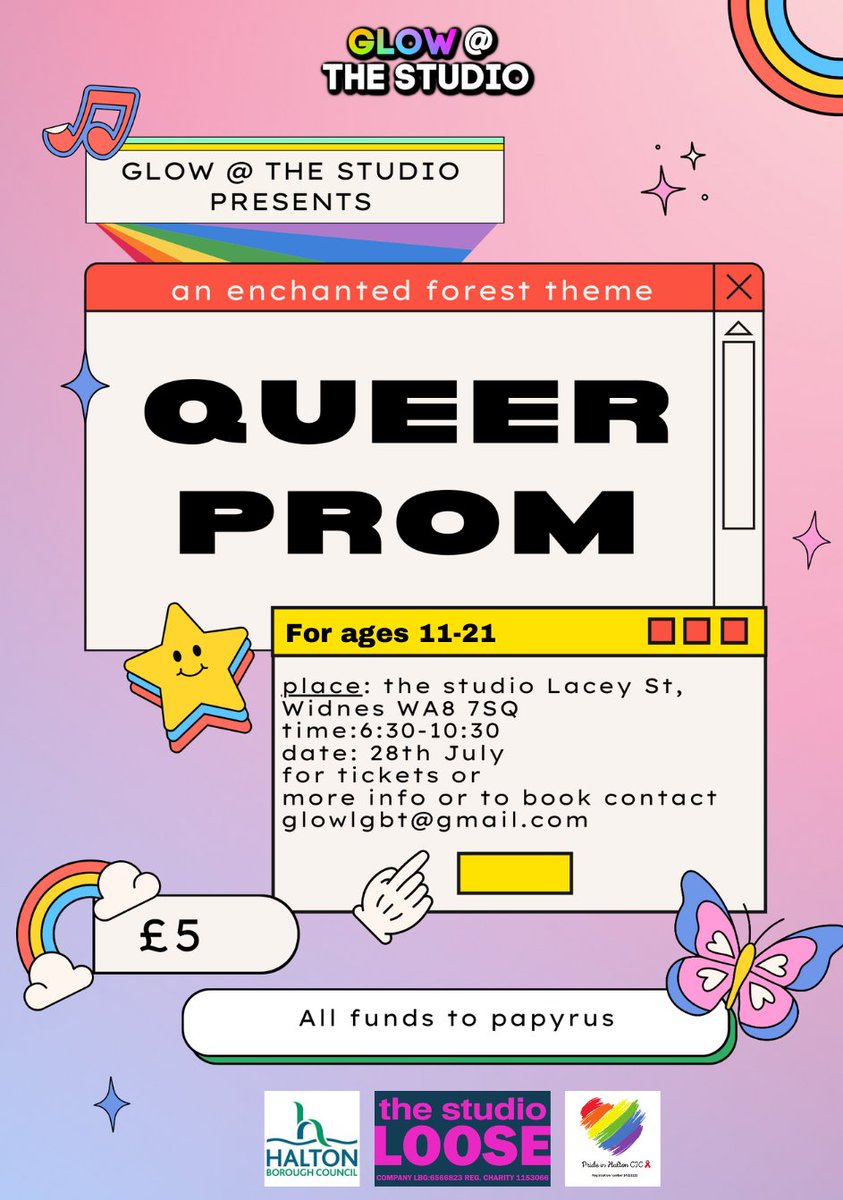 Calling all queer youth! Come along to GLOW’s Queer Prom at @thestudiowidnes on Friday 28th July! An evening for all LGBTQIA+ young people, aged 11-21, to socialise, party and dance with queer joy! 🏳️‍🌈🏳️‍⚧️ To book a ticket/more info, email: glowlgbt@gmail.com