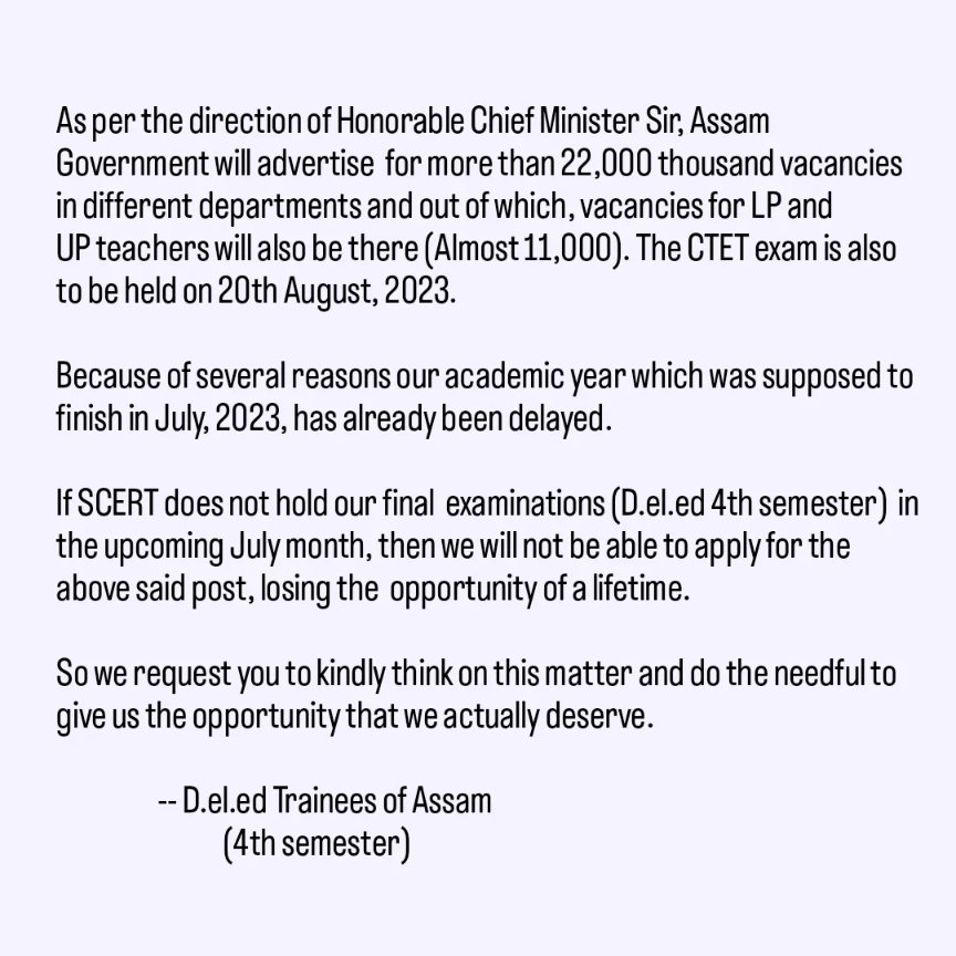 MouchumiPatar's tweet photo. Conduct our exams (SCERT, D.el.ed 4th Semester, Final Examination) in July-August otherwise we'll lose a lifetime opportunity or opportunity to apply for upcoming recruitment.

@ranojpeguassam @CMOfficeAssam

@himantabiswa #PreponeDeledexam

#SCERTassam #Deledassam

#SCERT #Assam https://t.co/Vb0DJKKEhF