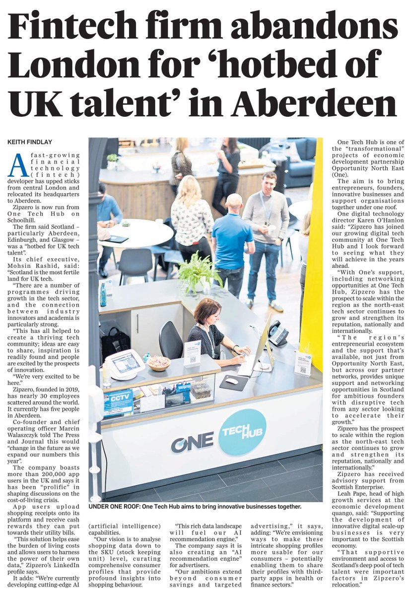 Opportunity_NE1's tweet photo. 📰 ONE Tech Hub tenant @zipzeroapp shares why they relocated their fintech business to Aberdeen with @KeithFindlay1 in today's edition of @pressjournal 

#ONETechHub #fintech #TransformingOurRegion https://t.co/o8hyxVGWxJ