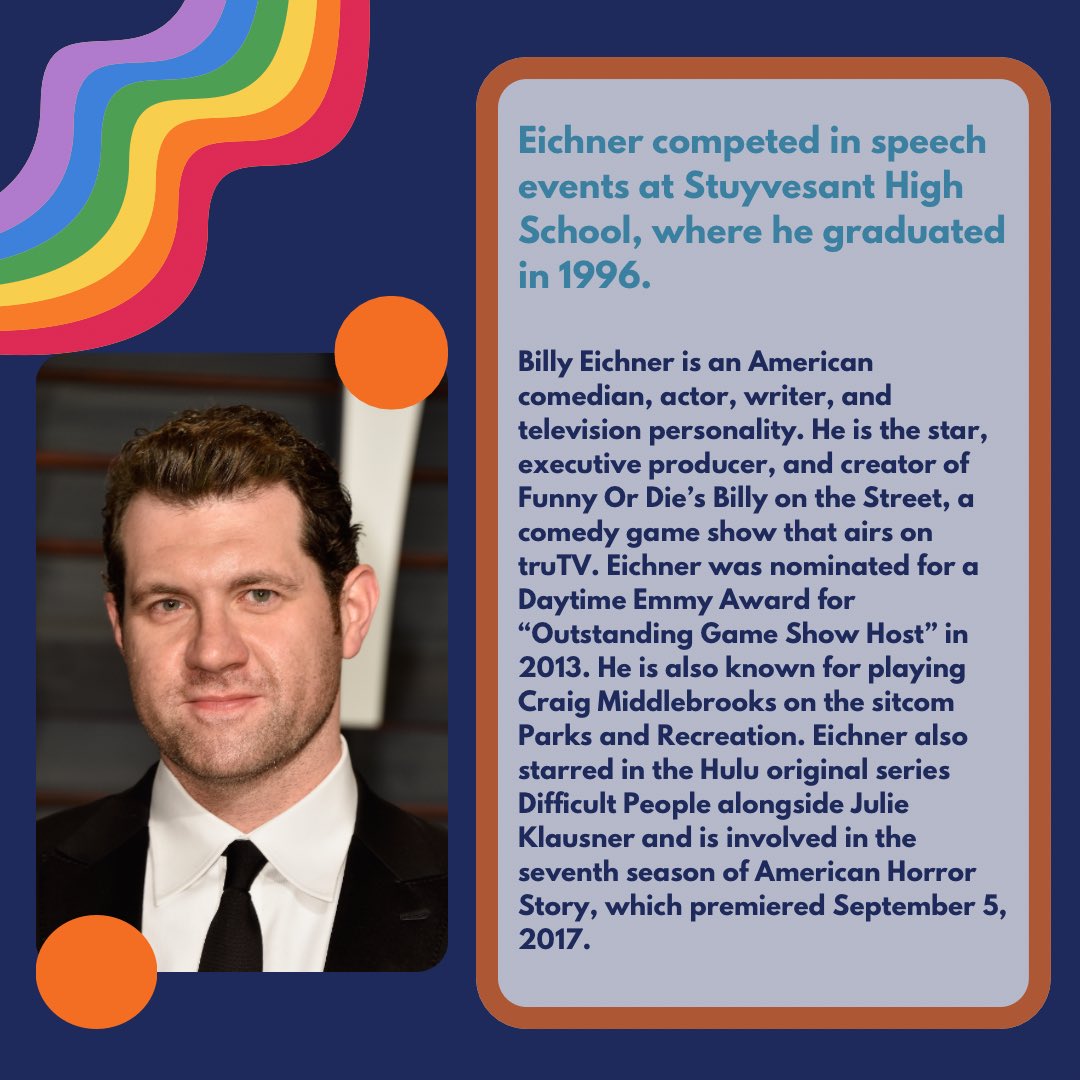 bklyndebate's tweet photo. Did you know Billy Eichner competed in speech events when he attended Stuyvesant? #SpeechAndDebate #Speech #Alumnus #PrideMonth #Pride #BillyEichner https://t.co/fRxB98txsA