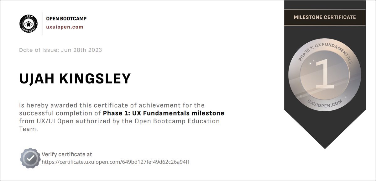 UjahKingsley3's tweet photo. I've successfully completed Phase 1: UX Fundamentals at Open Bootcamp! @theopenbootcamp Thanks to the amazing team and comprehensive curriculum, I've gained a solid foundation in user research, wireframing, and usability testing. Ready for the next phase! #UIUX #OpenBootcamp https://t.co/eBHW5i5tnw