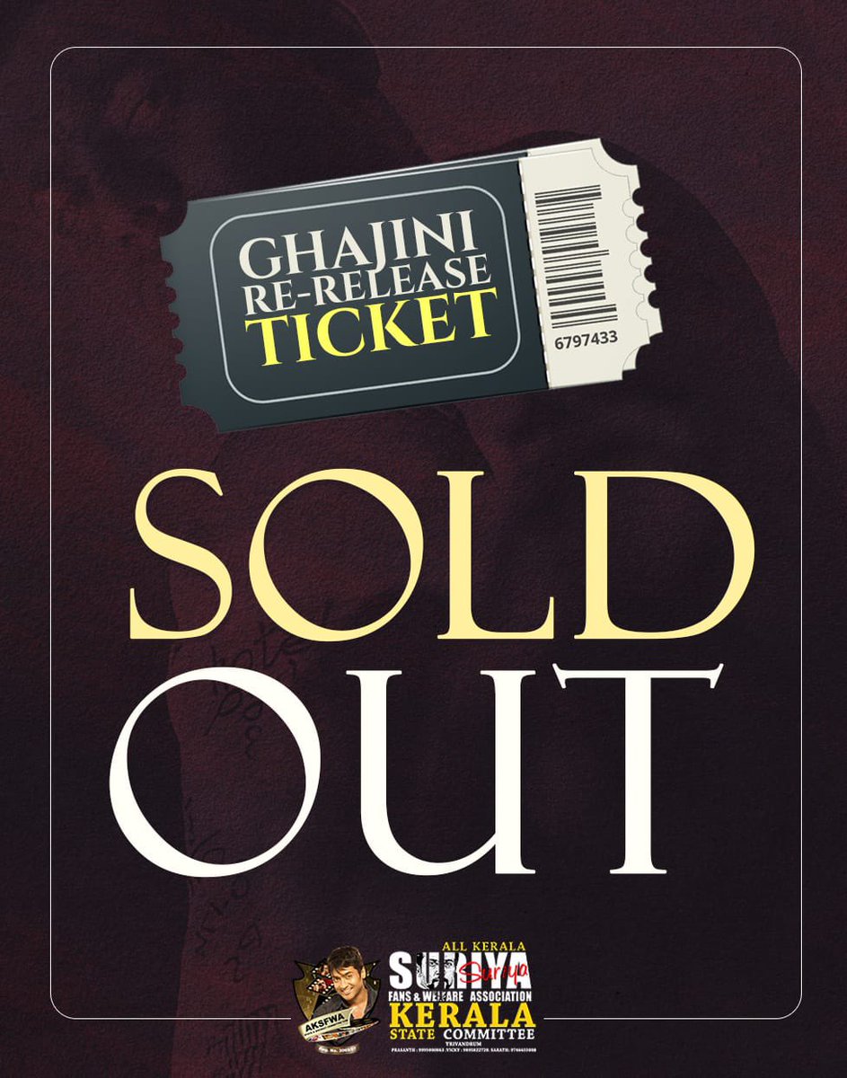 Wow 🤯🔥🔥🔥 The Tickets Sold-out Within 1Hr At Trivandrum #Ghajini Re-release

@Suriya_offl #Kanguva @AKSFWA1
