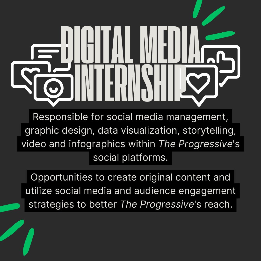 The Progressive is looking for a Digital Media Intern for Fall 2023. Join our team to receive academic credit, a stipend, and a ten-hour flexible work week.
For more information email info@progressive.org or visit progressive.org/about-us/inter…