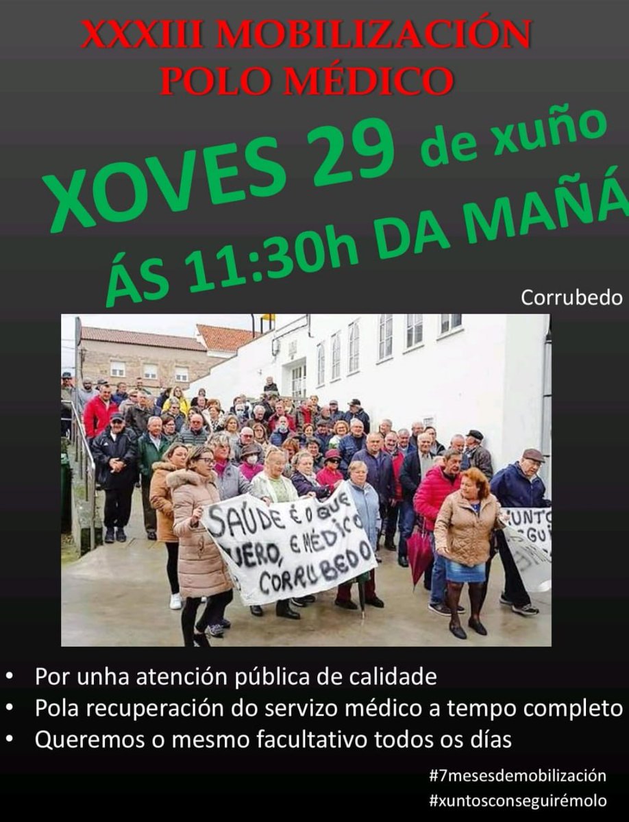 ConvocatoriasGz's tweet photo. 📣📆 #29X #Corrubedo | Manifestación pola recuperación do servizo médico a tempo completo no centro de saúde. #7mesesdemobilización #xuntosconseguirémolo

📌 Casa do Mar

🕰️ 11:30h https://t.co/Vobuf5PGUZ