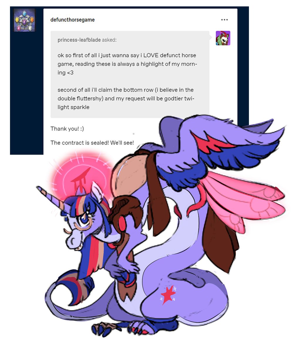 Defunct Horse Game BINGO! Request 1: "Godtier Twilight Sparkle."

Upon seeing the MAGE OF BLOOD had ascended into a DRACONEQUUS (whatever that was) the fashion designer of Skaia had to quickly figure out HOW THE BUCK TO PUT CLOTHES ON HER.