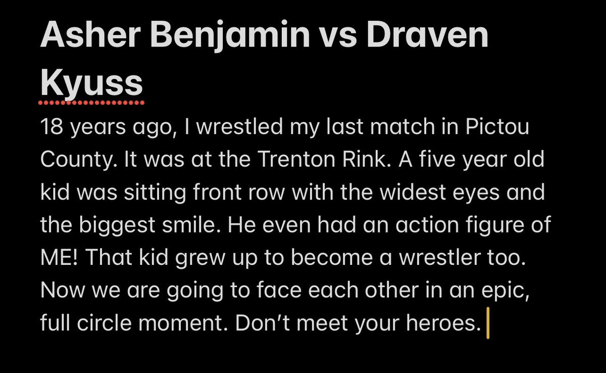 McCully's tweet photo. Hey #PictouCounty! This would make for a cool story on @941thebreeze @ngnews @Q979FM to pump up #TrentonFunFest!
18 years in the making. A full circle moment. My return. #AsherBenjamin vs #DravenKyuss. 🤯 https://t.co/AF4L6jGYFs