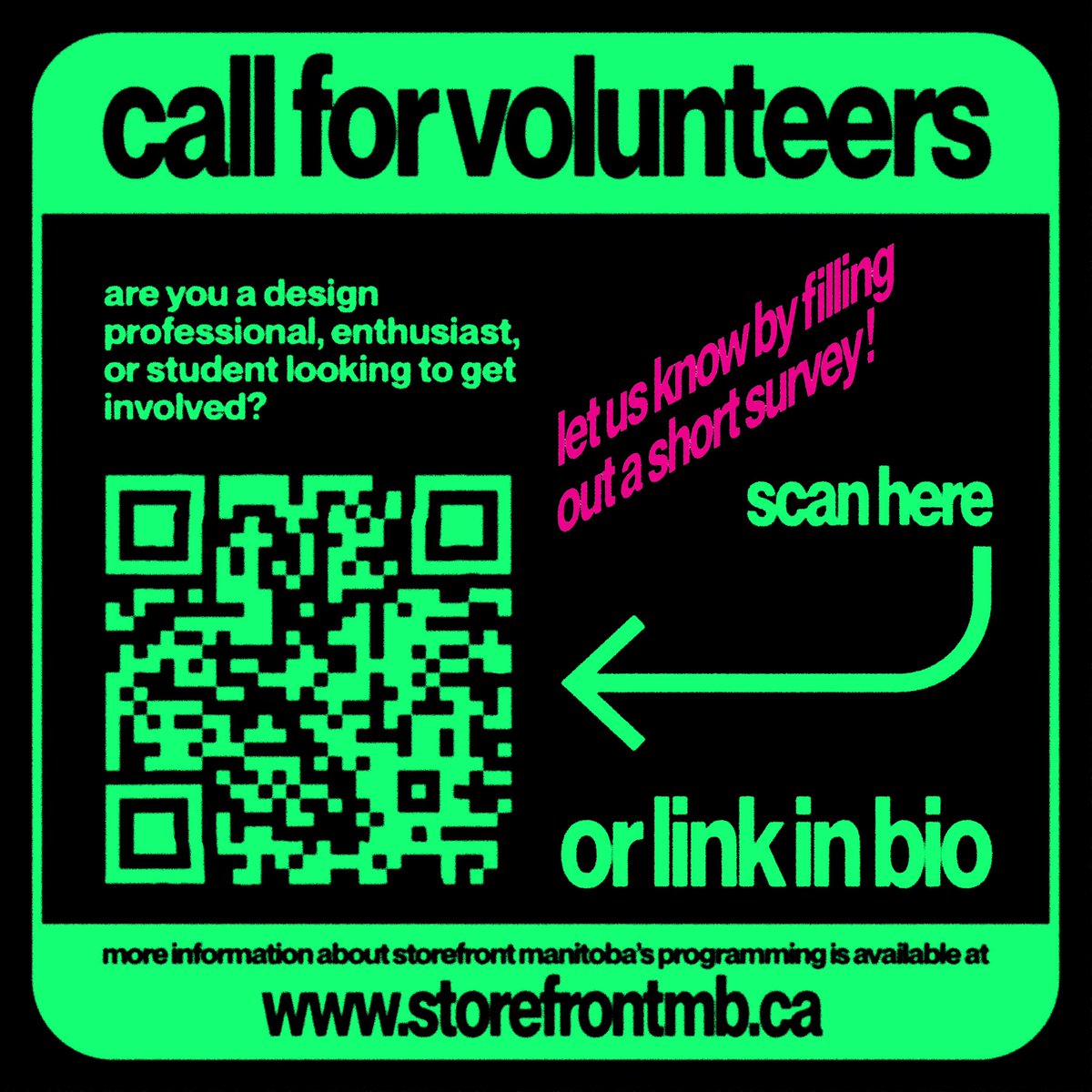 Attention all design professionals, enthusiasts, and students! Storefront Manitoba is working on our volunteer database to assist with a wide variety of initiatives. Fill out the quick survey to let us know how you’d like to get involved.

bit.ly/3pqQEDf