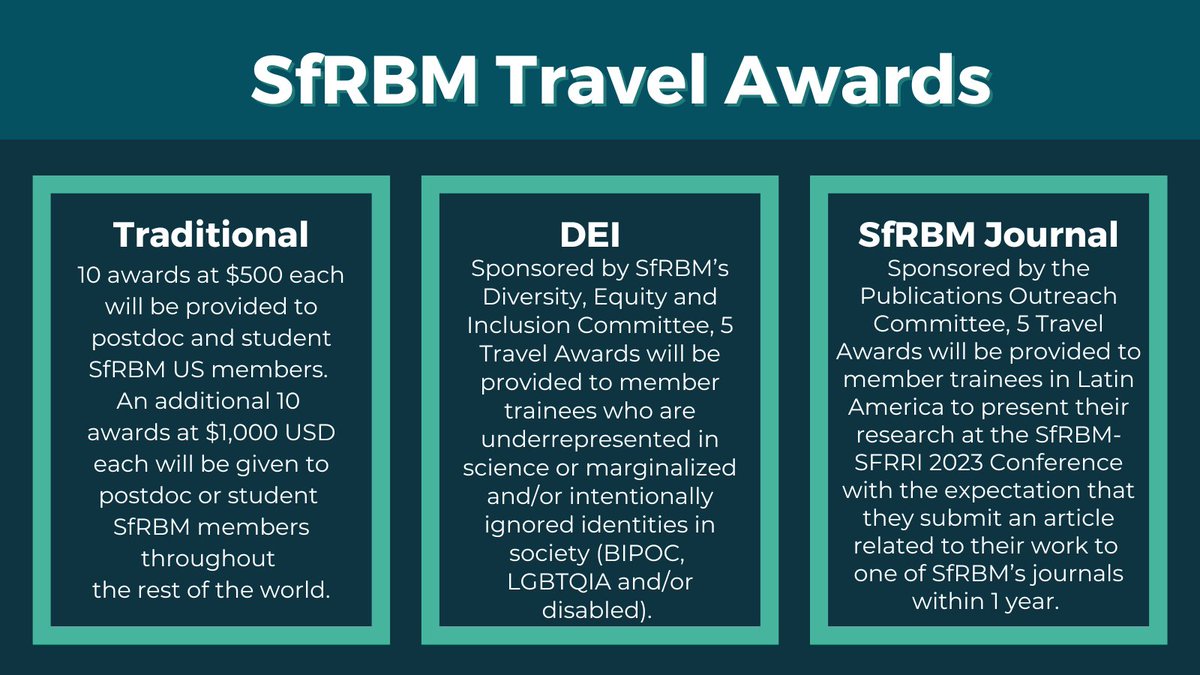 Did you know? SfRBM offers multiple Travel Awards available to member students &amp; postdoctoral fellows who wish to attend SfRBM-SFRRI 2023 and present their research!

You can submit your abstracts by August 15th!

Learn more about each category: bit.ly/SfRBMTravel