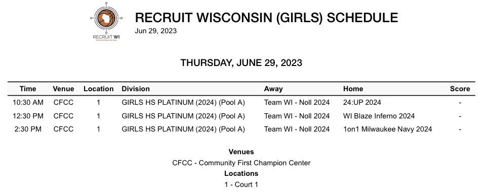 Looking forward to getting back on the court with my team tomorrow in Appleton! Below is our schedule @vcteamwi @teamwinoll @Recruitwibball