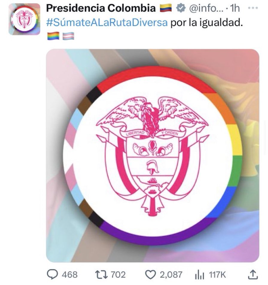 RNacional_News's tweet photo. Esto envía un PÉSIMO mensaje al país.
Somos respetuosos de las minorías, pero el escudo y pabellón nacional es uno solo y, hasta donde sabemos, no se ha hecho legalmente ningún cambio.
Pido a la página oficial de presidencia de la República que retire ese escudo que no pertenece ni representa a Colombia 🇨🇴.
Ni queremos  homosexualizar el país, ni queremos que sus derechos sean prevalentes sobre el resto de la mayoría.