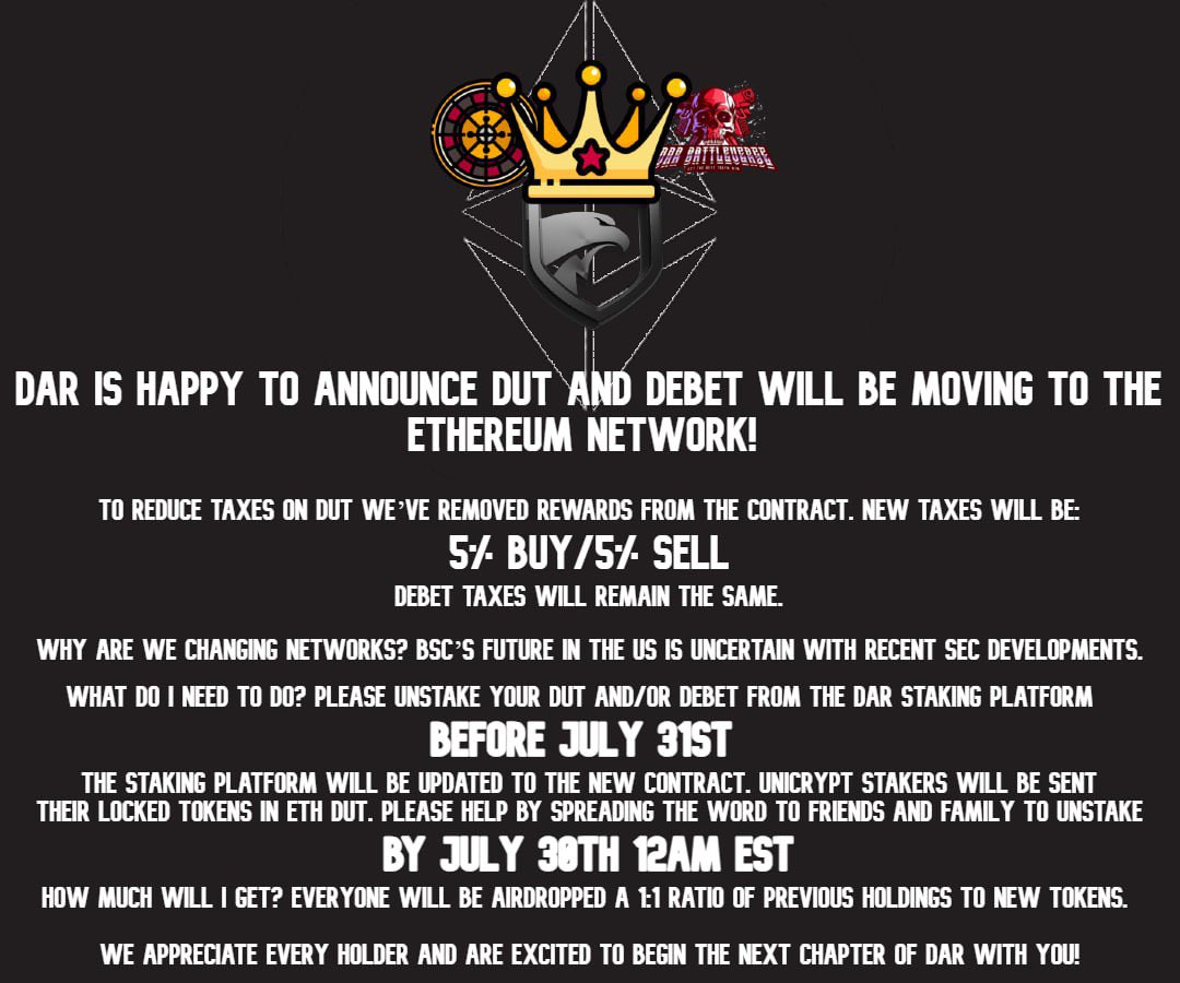 t.me/DARCexDex join our TG if you have any questions. If you are invested in DUT, pay close attention to your investment. You don’t need to do anything unless you have staked tokens. UNSTAKE ASAP! DUT/DEBET are moving to #ETH !!! #Ethereum #crypto #Cryptocurency #DeFi