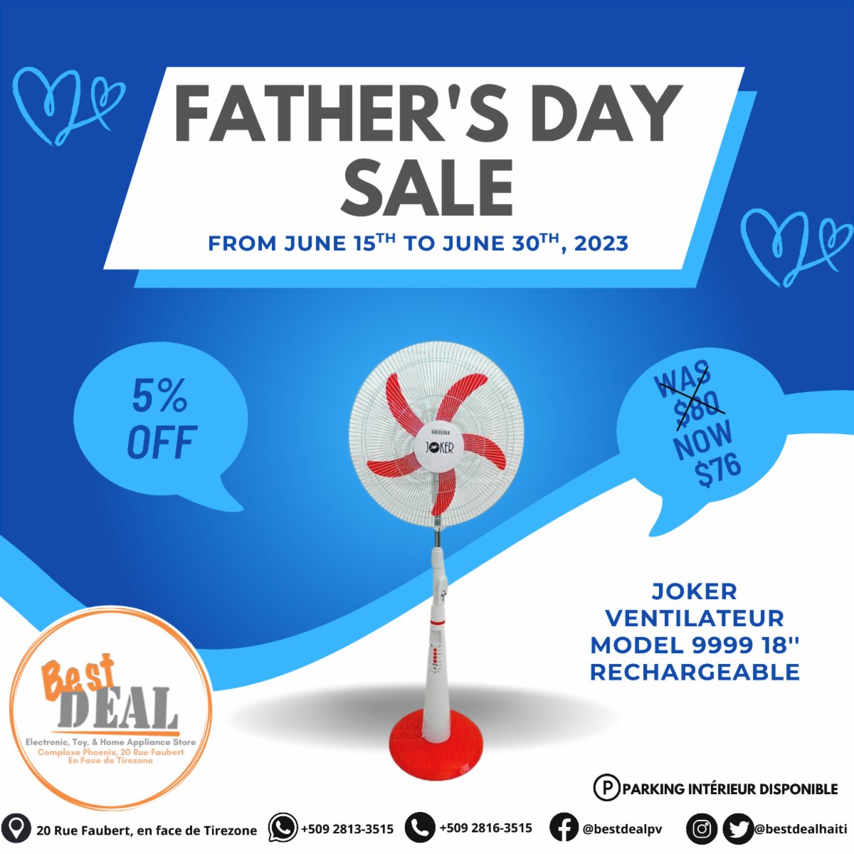 Our father's day sale is still happening! Stop by today and get your special!💙

#Sale #Special #Piyay #Ventilateur #JokerElectronics