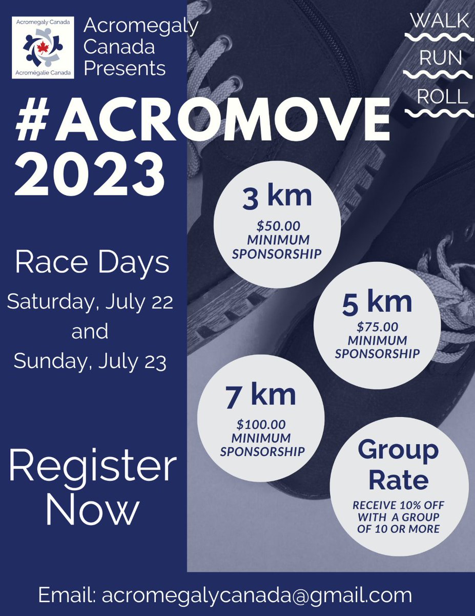 🎉 Registration for #ACROMOVE is officially open! 🎉

Sign up today for our annual, cross-Canada fundraiser, happening July 22-23.

All donations will support #acromegaly and #gigantism awareness and advocacy efforts.

Details and registration: AcromegalyCanada.ca/move